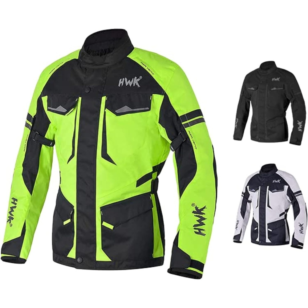 image:imageHWK Adventure Touring Motorcycle Jacket for Men Water Resistant Cordura Textile Biker Jacket for Men Durable and Stylish Moto Gear with CE Armor for Enduro Motorbike Riding  HiVis Green XLHivis Green
