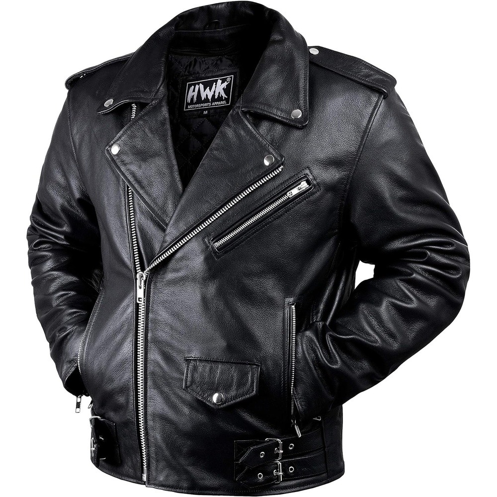 image:imageHWK Brando Leather Motorcycle Jacket for Men Genuine Black Leather Jacket with Removable CE Armor for Motorbike RidingBlack