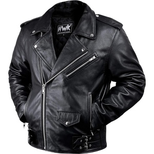 HWK Brando Leather Motorcycle Jacket for Men, Genuine Black Leather Jacket with Removable CE Armor for Motorbike Riding(Black)